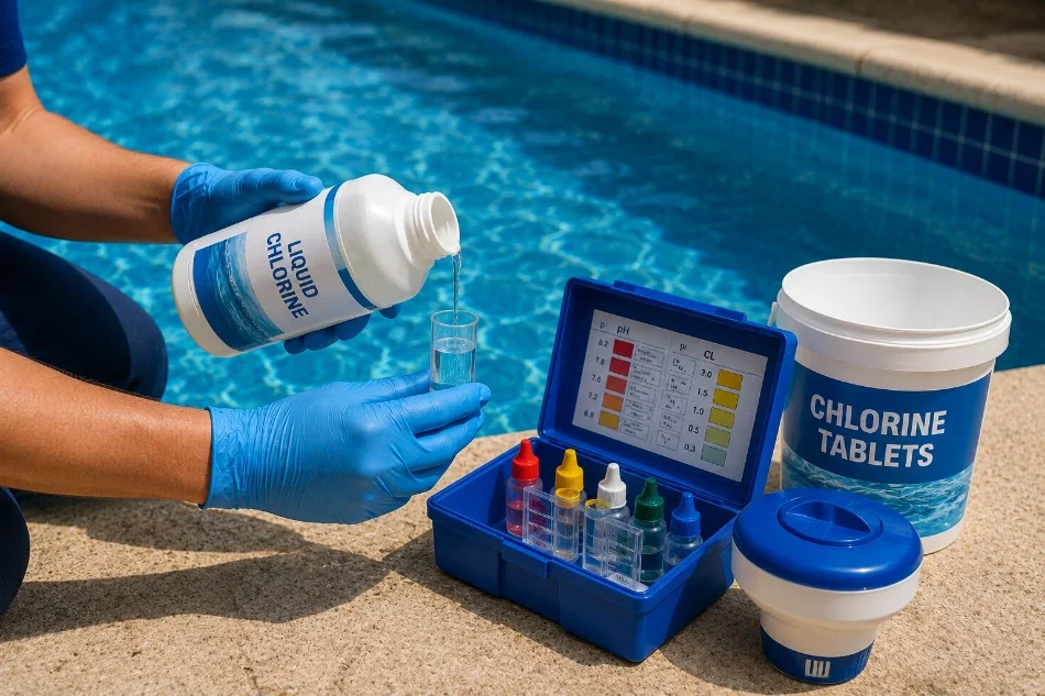 Technician testing and balancing pool chemicals in New Braunfels, TX