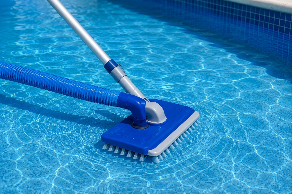 Brushing and vacuuming a pool floor during weekly service in New Braunfels, TX