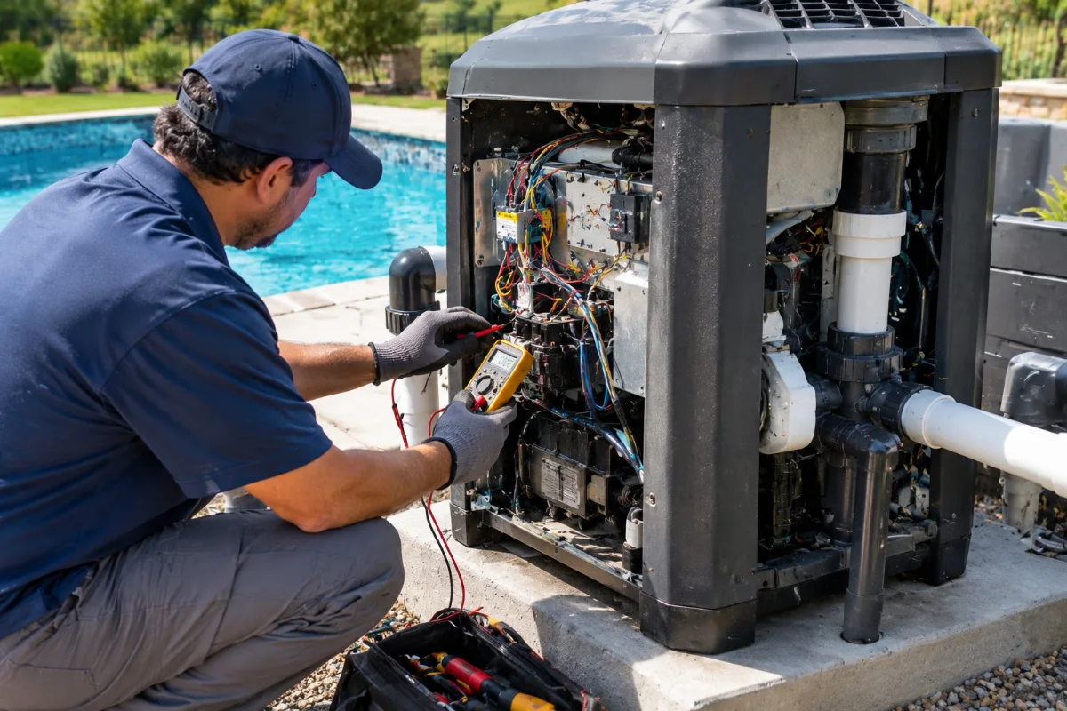 Technician repairing a pool heater in New Braunfels, TX