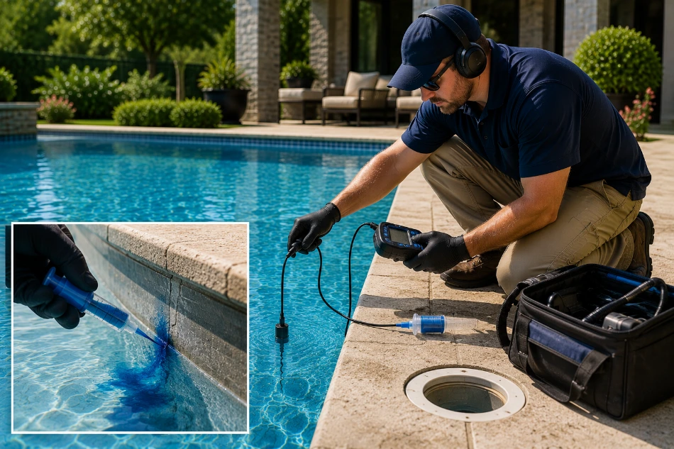 Technician using leak detection equipment and a dye test on a pool in New Braunfels, TX