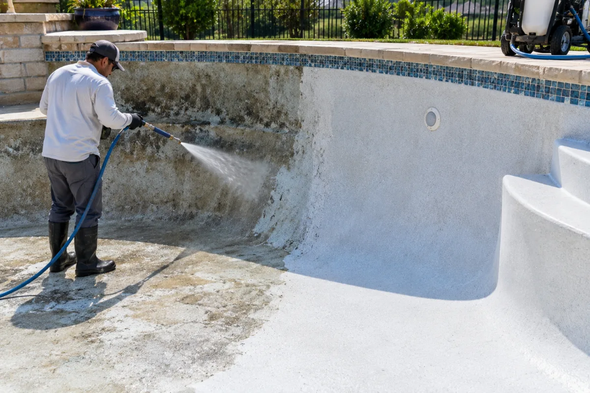 Acid washing a drained pool during restoration in New Braunfels, TX