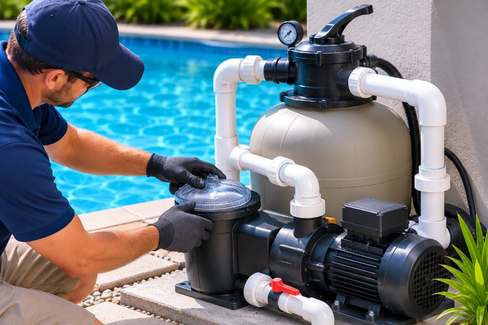 Technician servicing a pool sand filter and pump in New Braunfels, TX