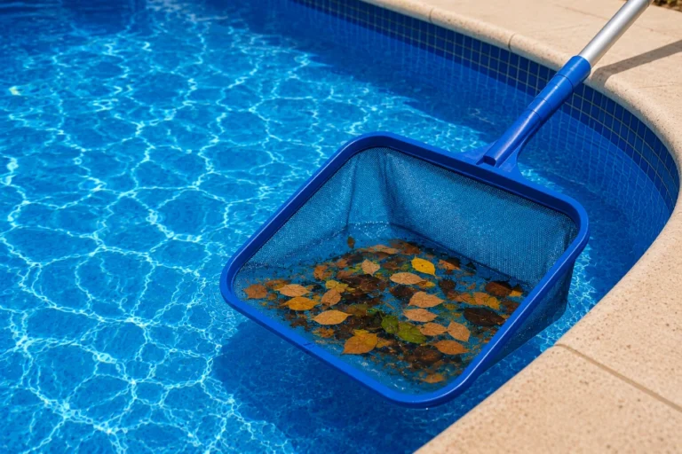 Skimming leaves out of a pool with a net