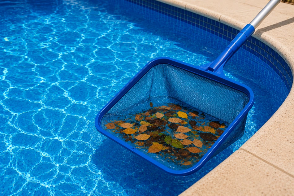 Skimming leaves out of a pool with a net